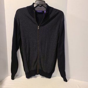 Large L-Alan Flusser Mens Black/Gray Cardigan Sweater Full Zip Mock Neck-Cotton